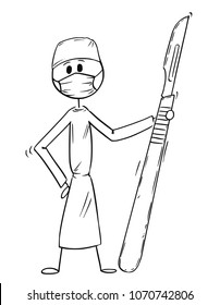 Cartoon Stick Man Drawing Conceptual Illustration Of Doctor Surgeon Holding Big Scalpel. Concept Of Surgery And Healthcare.