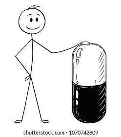 Cartoon stick man drawing conceptual illustration of businessman holding big capsule pill. Concept of medicine and healthcare.