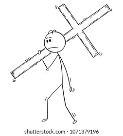 Cartoon stick man drawing conceptual illustration of businessman carrying big wooden cross as business metaphor for crucifixion.