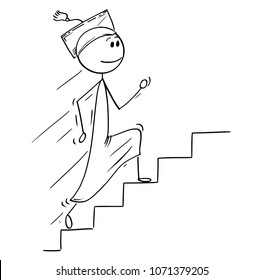 Cartoon stick man drawing conceptual illustration of graduate young man running up stairs or staircase. Concept of success, future and career.