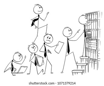 Cartoon stick man drawing conceptual illustration of businessman climbing up backs of his teammates or coworkers. Business concept of selfishness and egoism.