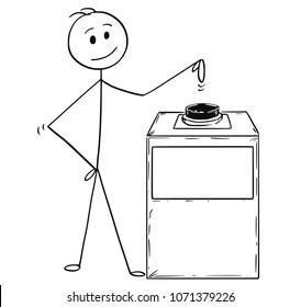 Cartoon stick man drawing conceptual illustration of businessman ready to hit or press big button with empty or blank text sign for your text. Concept of decision and change.