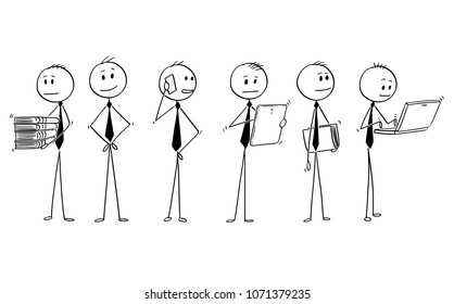 Cartoon stick man drawing conceptual illustration of team or group of six businessman doing typical office work.