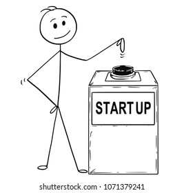 Cartoon stick man drawing conceptual illustration of businessman ready to hit or press the startup or start-up button. Business concept of decision and change.