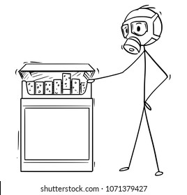 Cartoon stick man drawing conceptual illustration of man in gas mask looking at box of cigarettes.