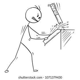 Cartoon stick man drawing conceptual illustration of angry man broking cigarette. Concept metaphor of stop smoking decision.