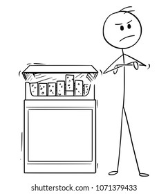 Cartoon stick man drawing conceptual illustration of man with arms crossed rejecting box of cigarettes.