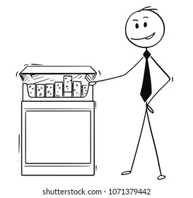 Cartoon stick man drawing conceptual illustration of businessman holding big box of cigarettes. Business concept of tobacco industry.