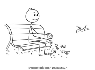 Cartoon stick man drawing conceptual illustration of businessman relaxing on park bench and feeding birds. Business concept of relaxation, revenue and pension.