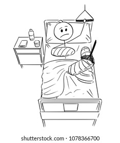 Cartoon stick man drawing conceptual illustration of businessman with broken leg and arm lying on bed in hospital. Concept of career break or healthcare.