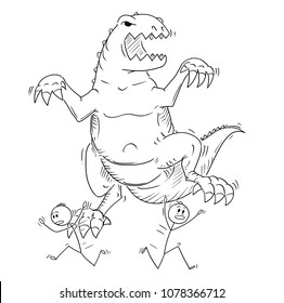 Cartoon stick man drawing conceptual illustration of businessman panicked people or businessmen running away from monster like dinosaur creature.