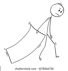 Cartoon stick man drawing conceptual illustration of businessman trailing big paper sheet.