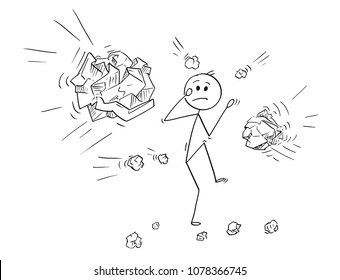 Cartoon stick man drawing conceptual illustration of businessman stoned or hit by crumpled paper balls.