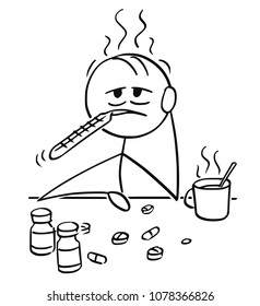 Cartoon stick man drawing conceptual illustration of businessman ill with influenza, flu or cold trying to cure yourself by thermometer in mouth, hot tea and painkiller tablet or pill.