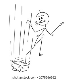 Cartoon stick man drawing conceptual illustration of businessman to whom brick or big stone fall down on foot.