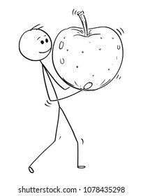 Cartoon stick man drawing conceptual illustration of man carrying big ripe apple fruit. Concept of healthy lifestyle and agriculture.