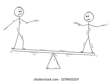 Cartoon stick man drawing conceptual illustration of two businessmen standing on seesaw trying to balance. Business concept of teamwork and individuality effort.