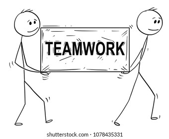 Cartoon stick man drawing conceptual illustration of two businessmen carrying big stone block with teamwork text or sign. Business concept of cooperation.