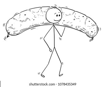 Cartoon stick man drawing conceptual illustration of man carrying big sausage or bratwurst. Concept of unhealthy lifestyle and food.