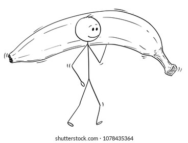 Cartoon stick man drawing conceptual illustration of man carrying big ripe banana fruit. Concept of healthy lifestyle and agriculture.