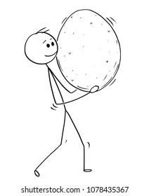 Cartoon stick man drawing conceptual illustration of man carrying big egg. Concept of healthy lifestyle and farming.