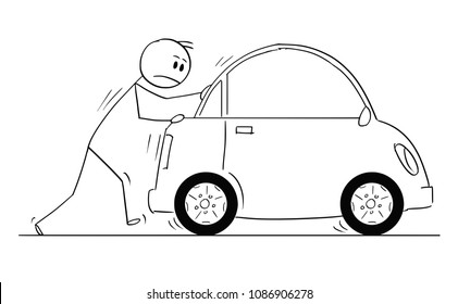 Cartoon stick man drawing conceptual illustration of businessman pushing broken car. Business concept of problem, obstacle and reliability.