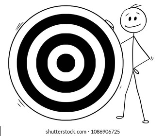 Cartoon stick man drawing conceptual illustration of businessman holding big dartboard target. Business concept of goal, achievement and success.