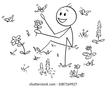 Cartoon stick man drawing conceptual illustration of man sitting in meadow between wild flowers and butterflies and enjoying beauty of nature.