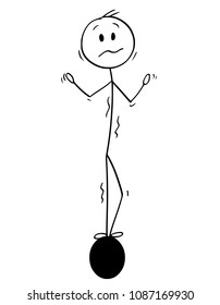 Cartoon stick man drawing conceptual illustration of businessman and big decimal separator or point or comma symbol or sign. Part of set.