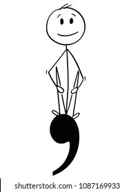 Cartoon stick man drawing conceptual illustration of businessman and big decimal separator or point or comma symbol or sign. Part of set.