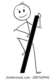 Cartoon stick man drawing conceptual illustration of businessman holding big forward slash or division symbol or sign. Part of set.
