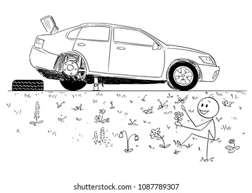 Cartoon stick man drawing conceptual illustration of man repairing broken car and founding beauty of nature in road ditch. Concept of environmental conservation and return to nature.
