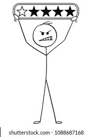 Cartoon stick man drawing conceptual illustration of angry businessman holding one star of five rating.