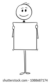 Cartoon stick man drawing conceptual illustration of smiling businessman holding empty or blank sign.