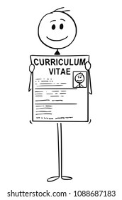 Cartoon stick man drawing conceptual illustration of businessman job seeker applicant holding curriculum vitae or cv or resume. Business concept of career start and job seeking.