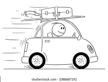 Cartoon stick man drawing conceptual illustration of smiling man in small car going on holiday or vacation.