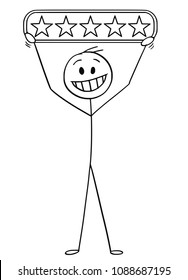 Cartoon stick man drawing conceptual illustration of smilimg businessman holding full five stars rating.