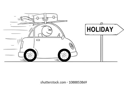 Cartoon stick man drawing conceptual illustration of smiling man in small car going on vacation. Arrow sign with holiday text.