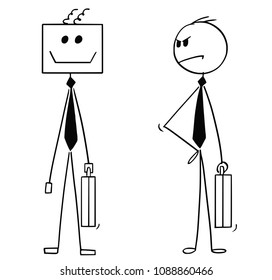 Cartoon stick man drawing conceptual illustration of businessman looking unhappy at his robotic or ai robot colleague coworker or possible replacement. Business concept o artificial intelligence