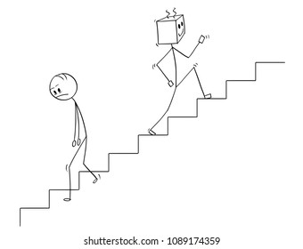 Cartoon stick man drawing conceptual illustration of human going down the stairs and robot moving up quickly. Concept of artificial intelligence or ai superiority and replacing declining mankind.