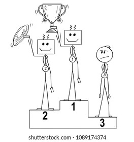 Cartoon stick man drawing conceptual business or sport illustration of winners on podium, human is third, defeated by two robots. Concept of artificial intelligence superiority over mankind.