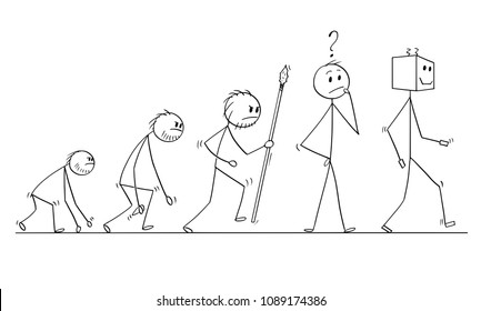 Cartoon stick man drawing conceptual illustration of human evolution process progress. Modern human successor is artificial intelligence robot or ai.