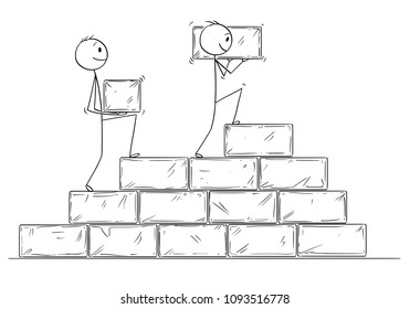 Cartoon stick man drawing conceptual illustration of two businessmen building staircase or stairway or project from big stone blocks. Business concept of cooperation and teamwork.