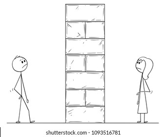 Cartoon stick man drawing conceptual illustration of man and woman divided by high wall obstacle. Concept of relationship difficulties.