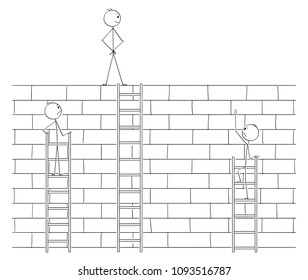 Cartoon stick man drawing conceptual illustration of businessman beating or defeating competitors by overcoming high wall obstacle with long ladder. Business concept of success and competition.