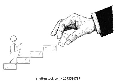 Cartoon stick man drawing conceptual illustration of businessman walking up the stairs and big hand preparing and construction staircase or way for him. Business concept of education, mentoring or