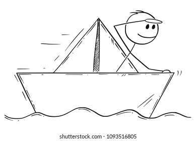 Cartoon stick man drawing conceptual illustration of businessman sailing paper ship or boat. Business concept of risk, market fragility and vulnerability.