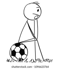 Cartoon stick man drawing conceptual illustration of football or soccer player sitting on ball and thinking sad or depressed.