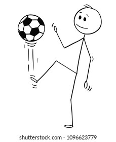 Cartoon stick man drawing conceptual illustration of football or soccer player juggling or kicking the ball for training.