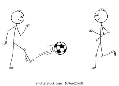 Cartoon stick man drawing conceptual illustration of two football or soccer players kicking, playing or training with the ball.